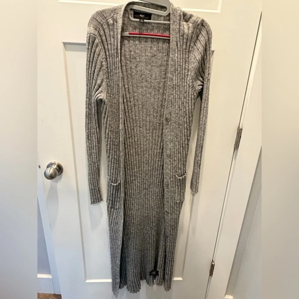 Mossimo Women Longline Ribbed Duster Cardigan Gray Open Front Sweater Pockets S